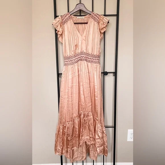 NWOT Ulla Johnson Peach Satin Embroidered Waist Midi Dress Sz 0 - Picture 1 of 10